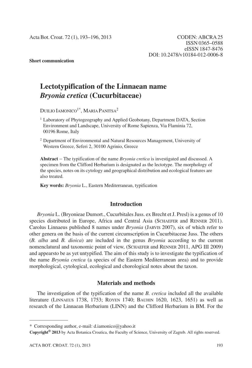 Lectotypification of the Linnaean Name Bryonia Cretica (Cucurbitaceae)