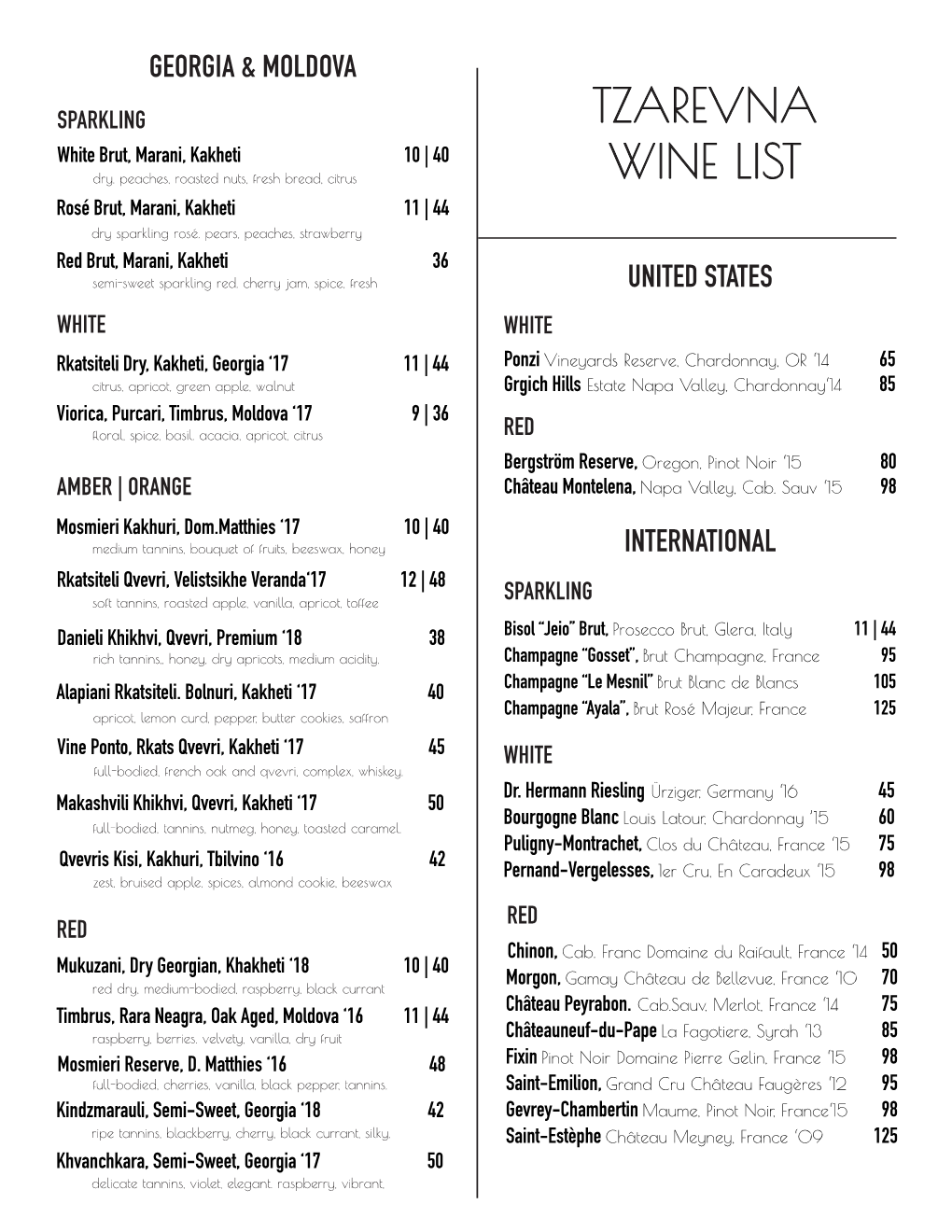 Tzarevna Wine List