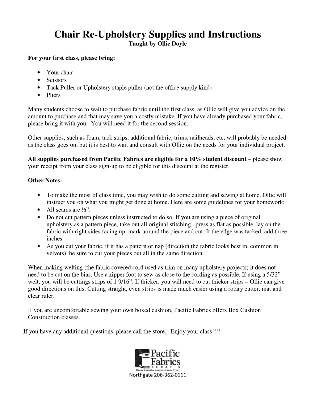 Chair Re-Upholstery Supplies and Instructions Taught by Ollie Doyle