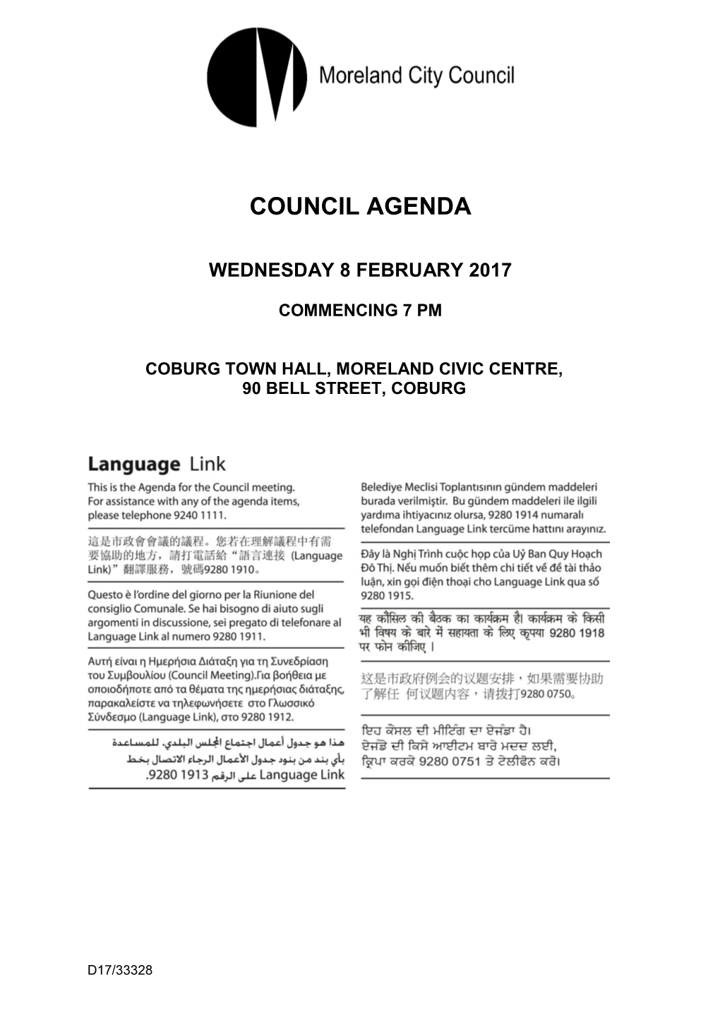 Agenda of Council Meeting