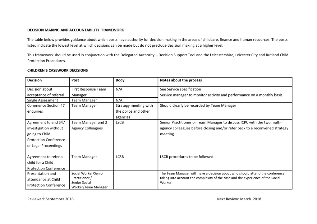 Decision Making and Accountability Framework