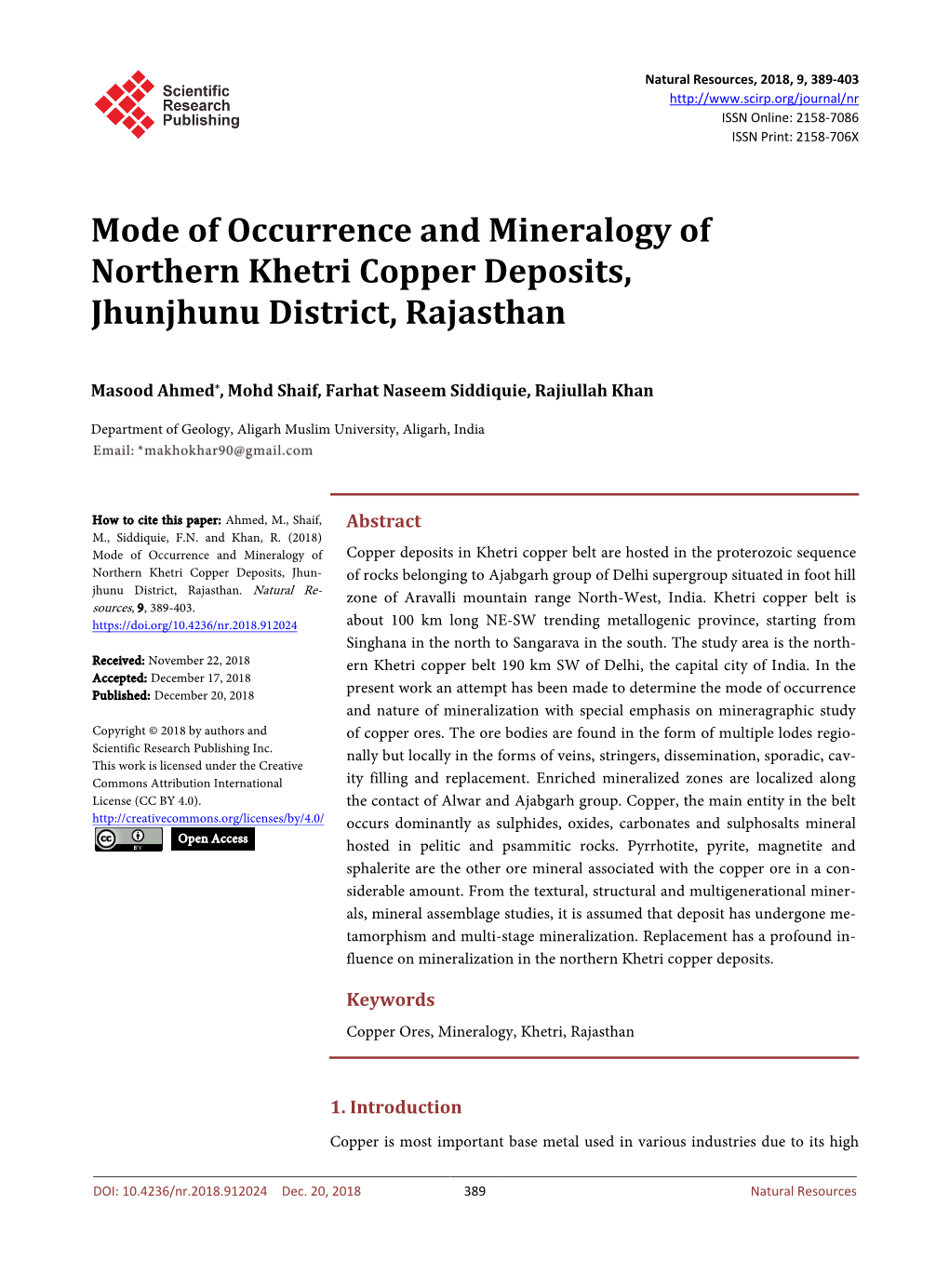 Mode of Occurrence and Mineralogy of Northern Khetri Copper Deposits, Jhunjhunu District, Rajasthan