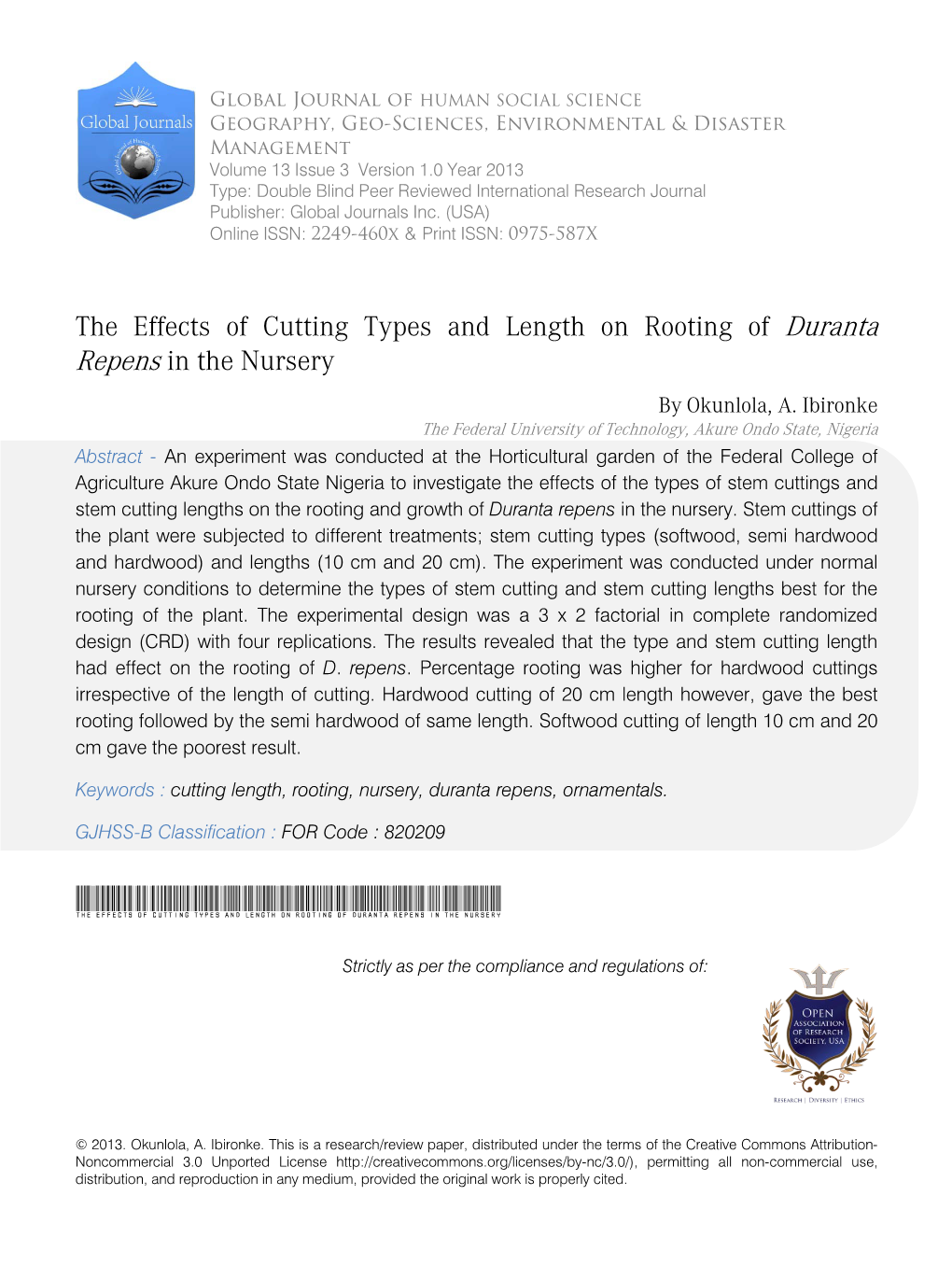 The Effects of Cutting Types and Length on Rooting of Duranta Repens in the Nursery