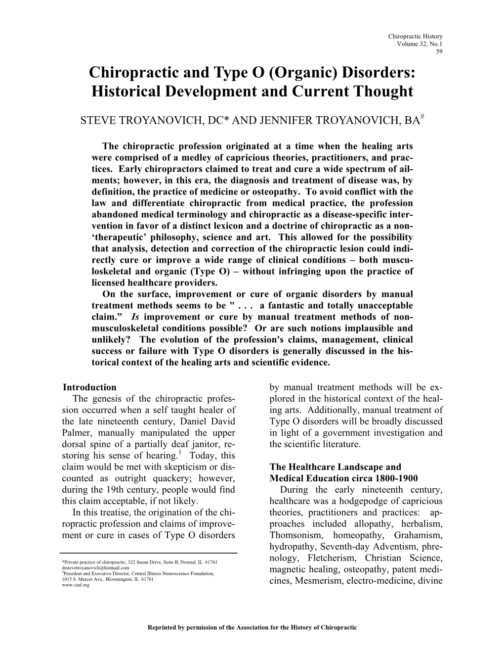Chiropractic and Type O (Organic) Disorders: Historical Development and Current Thought