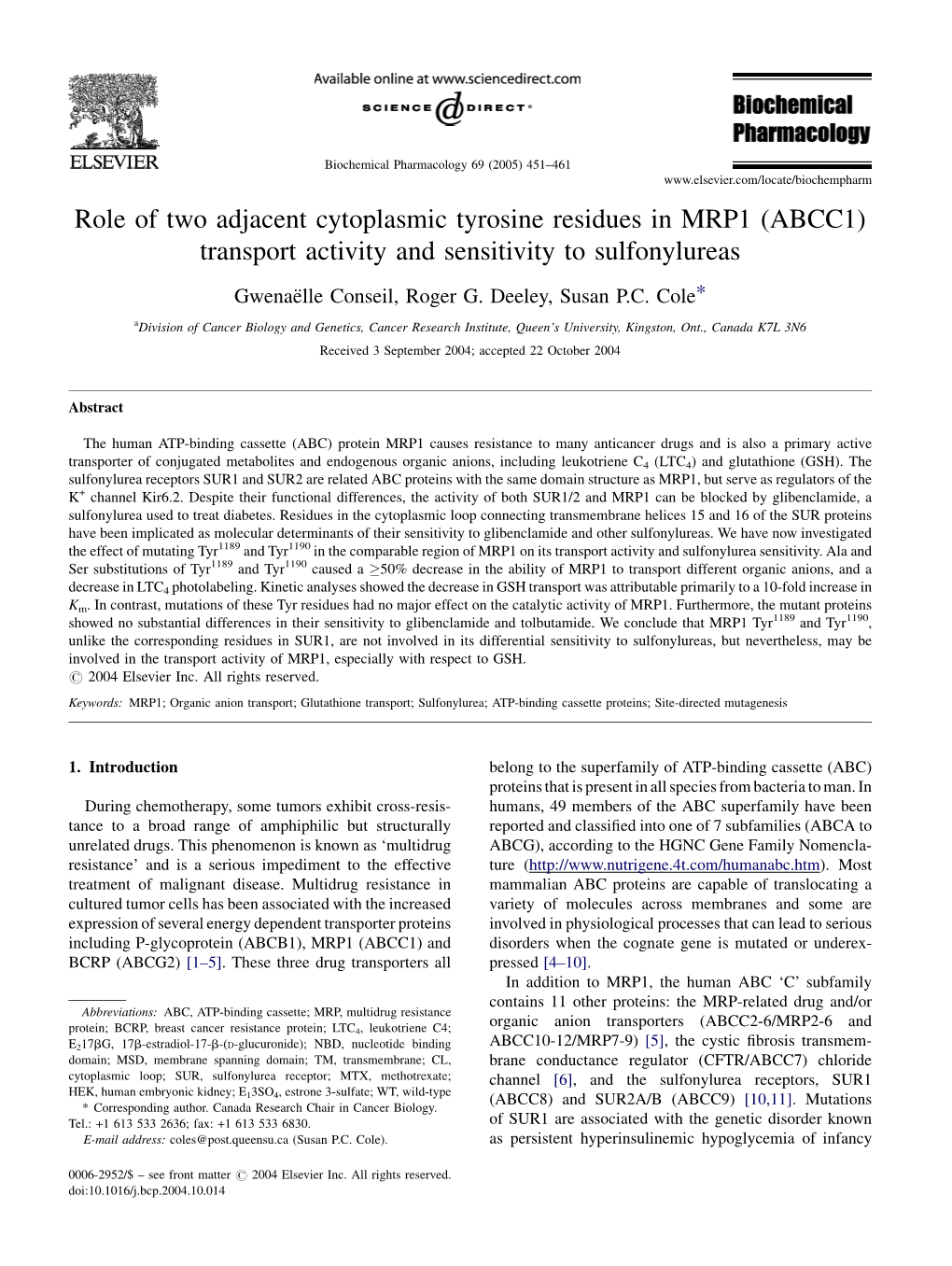 Role of Two Adjacent Cytoplasmic Tyrosine Residues in MRP1 (ABCC1) Transport Activity and Sensitivity to Sulfonylureas