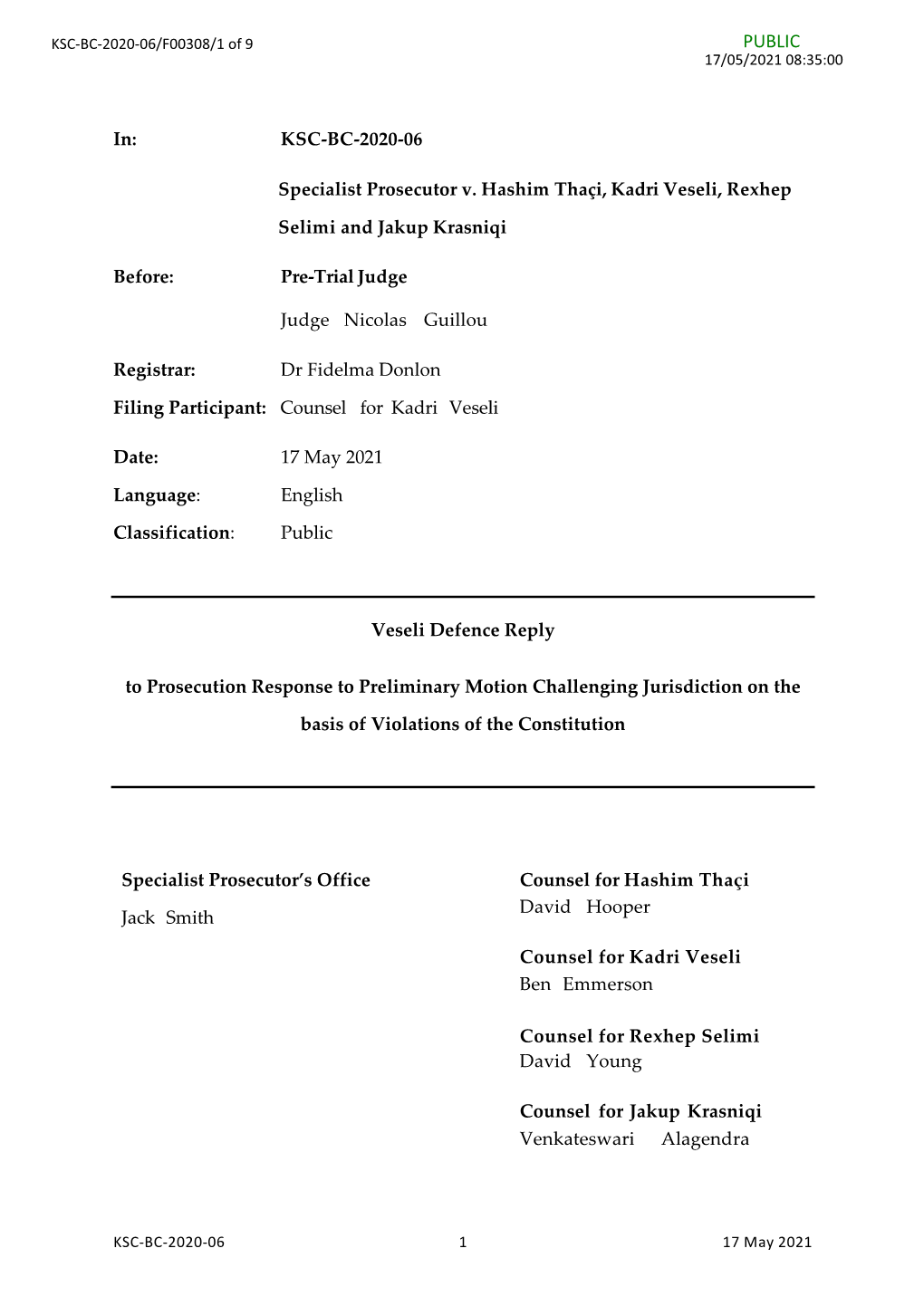 In: KSC-BC-2020-06 Specialist Prosecutor V. Hashim Thaçi, Kadri