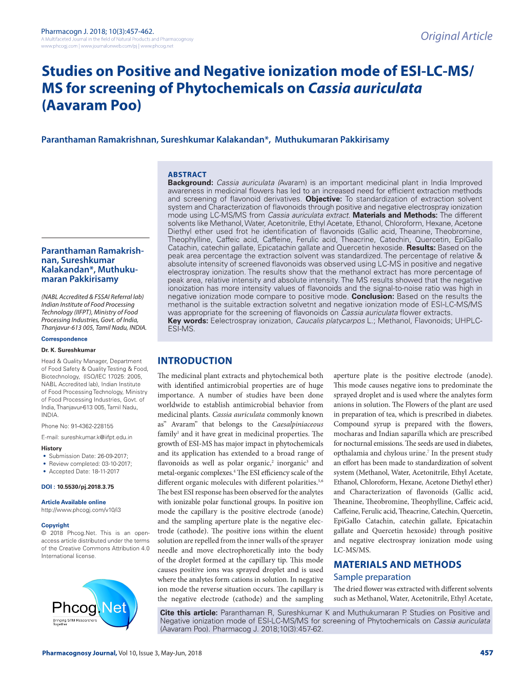 Studies on Positive and Negative Ionization Mode of ESI-LC-MS/ MS for Screening of Phytochemicals on Cassia Auriculata (Aavaram Poo)