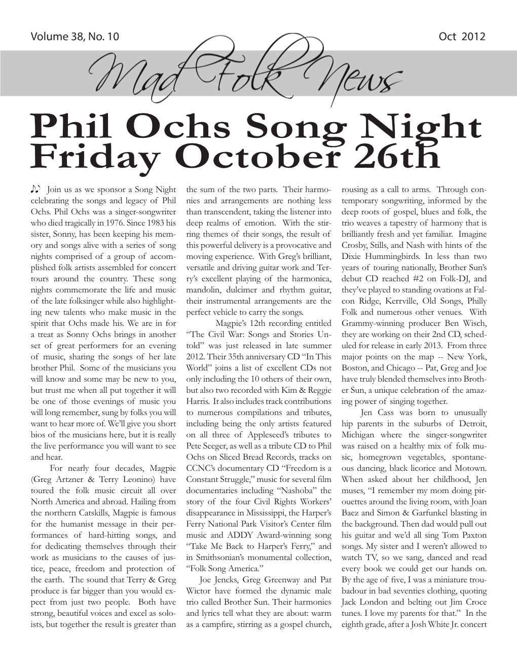 Phil Ochs Song Night Friday October 26Th Join Us As We Sponsor a Song Night the Sum of the Two Parts