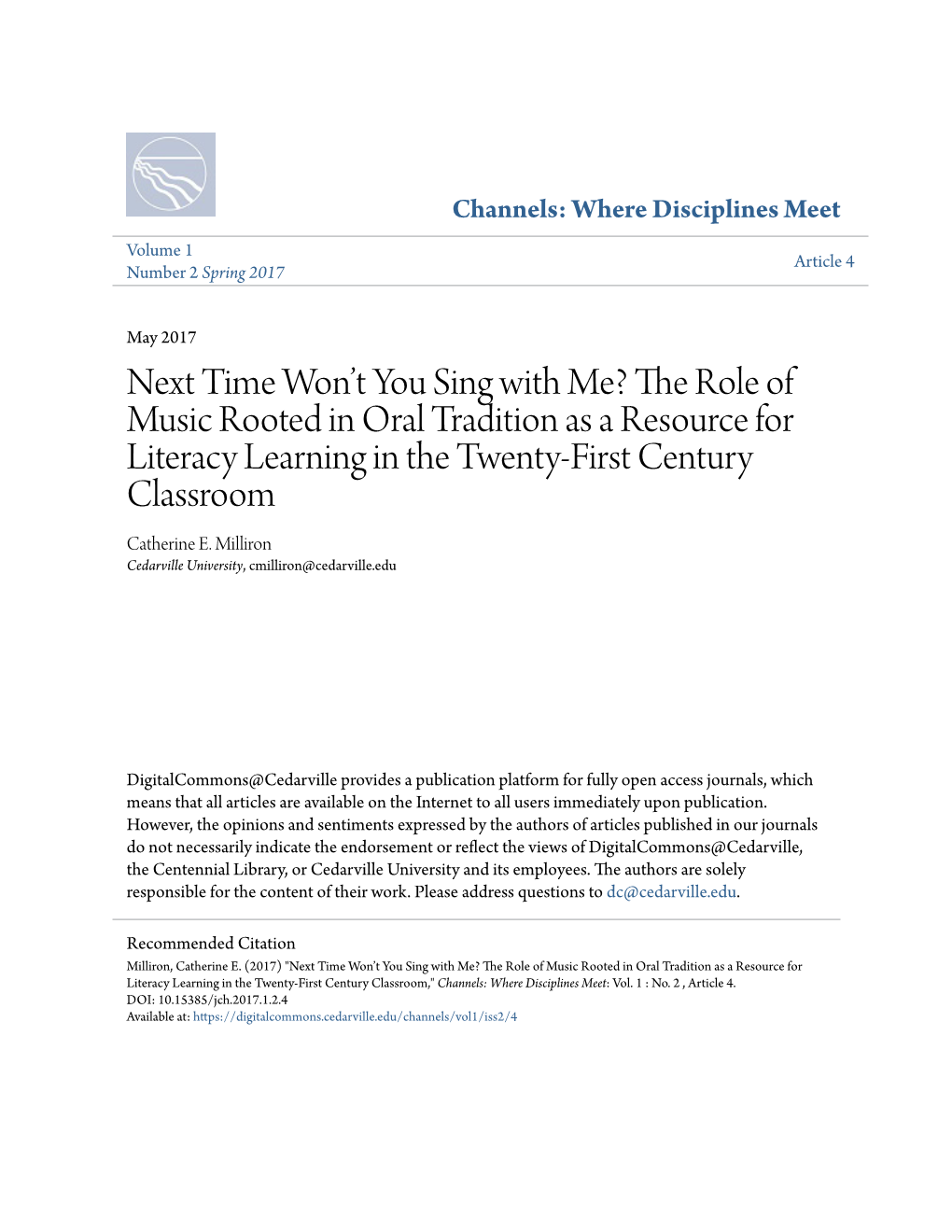 Oral Tradition As a Resource for Literacy Learning in the Twenty-First Century Classroom Catherine E