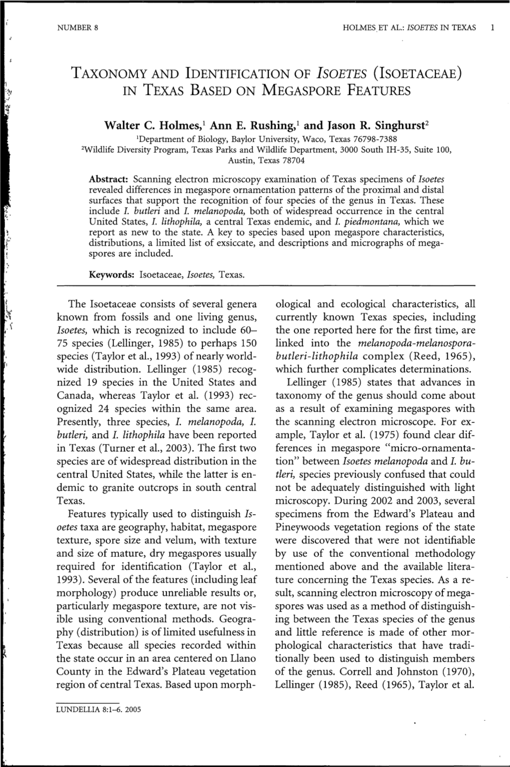 (Isoetaceae) in Texas Based on Megaspore Features