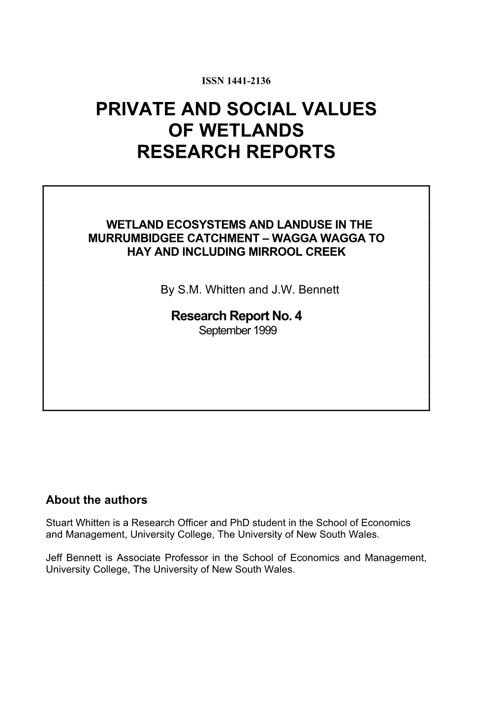 Private and Social Values of Wetlands Research Reports