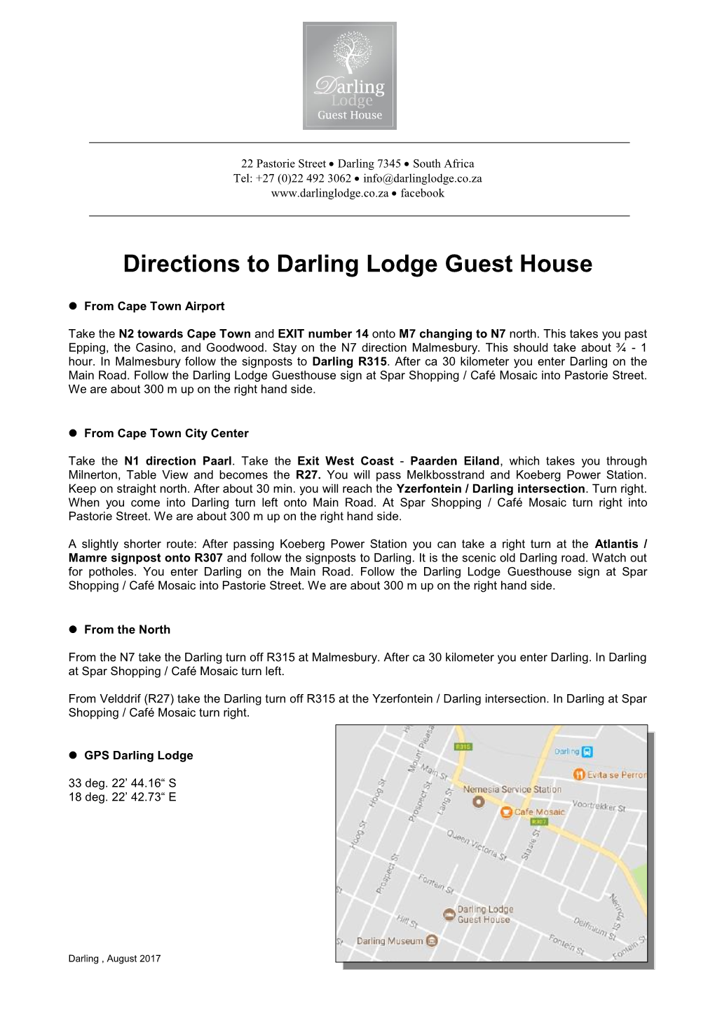 Directions to Darling Lodge Guest House