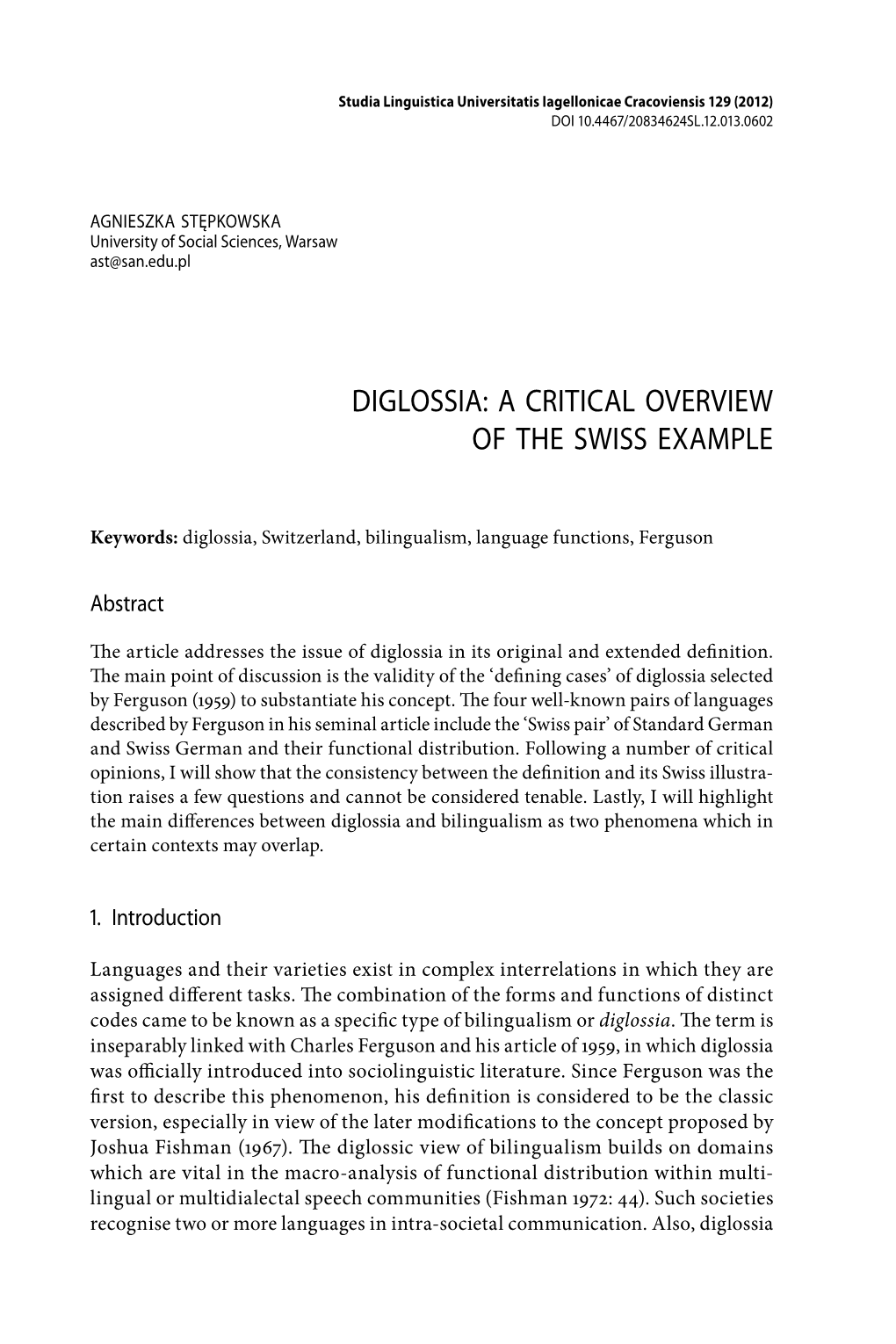 Diglossia: a Critical Overview of the Swiss Example