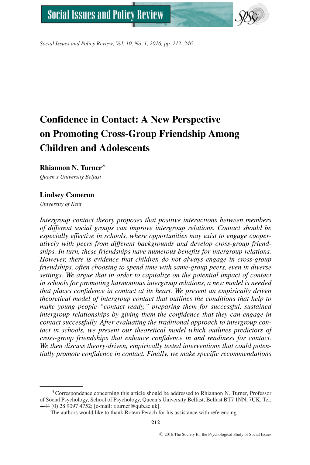 Confidence in Contact: a New Perspective on Promoting Cross&#X02010;Group Friendship Among Children and Adolescents