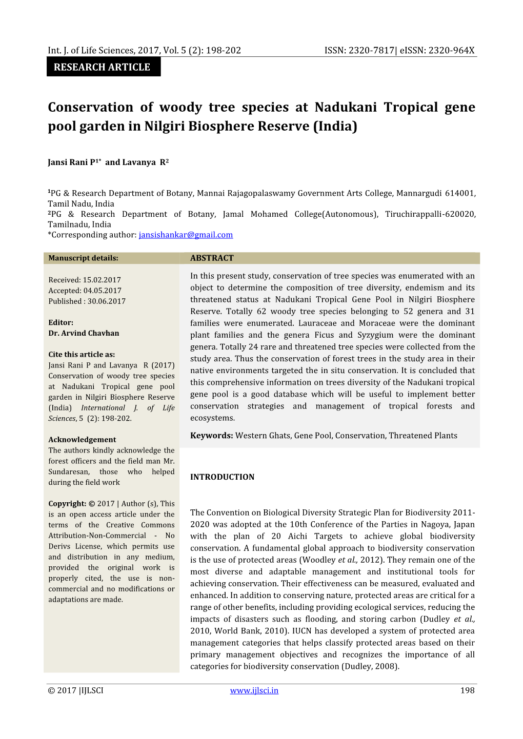 Conservation of Woody Tree Species at Nadukani Tropical Gene Pool Garden in Nilgiri Biosphere Reserve (India)