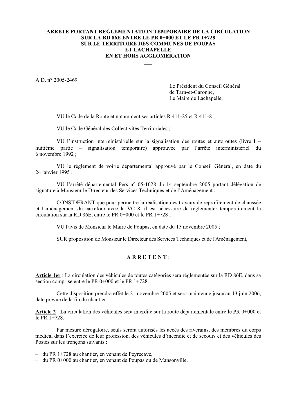 Rd 86E Entre Le Pr 0+000 Et Le Pr 1+728 Sur Le Territoire Des Communes De Poupas Et Lachapelle En Et Hors Agglomeration ___