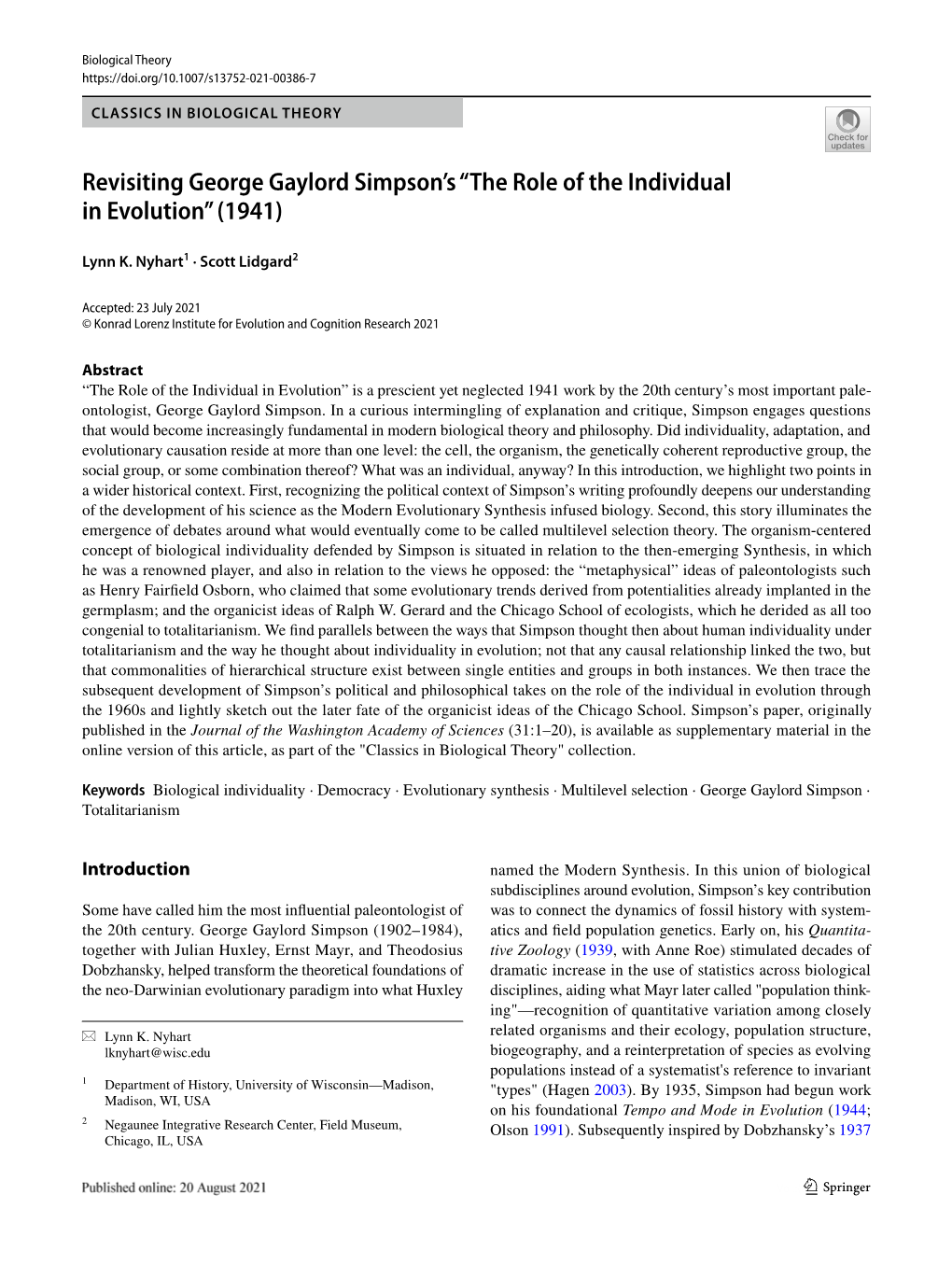 Revisiting George Gaylord Simpson's “The Role of the Individual in Evolution” (1941)