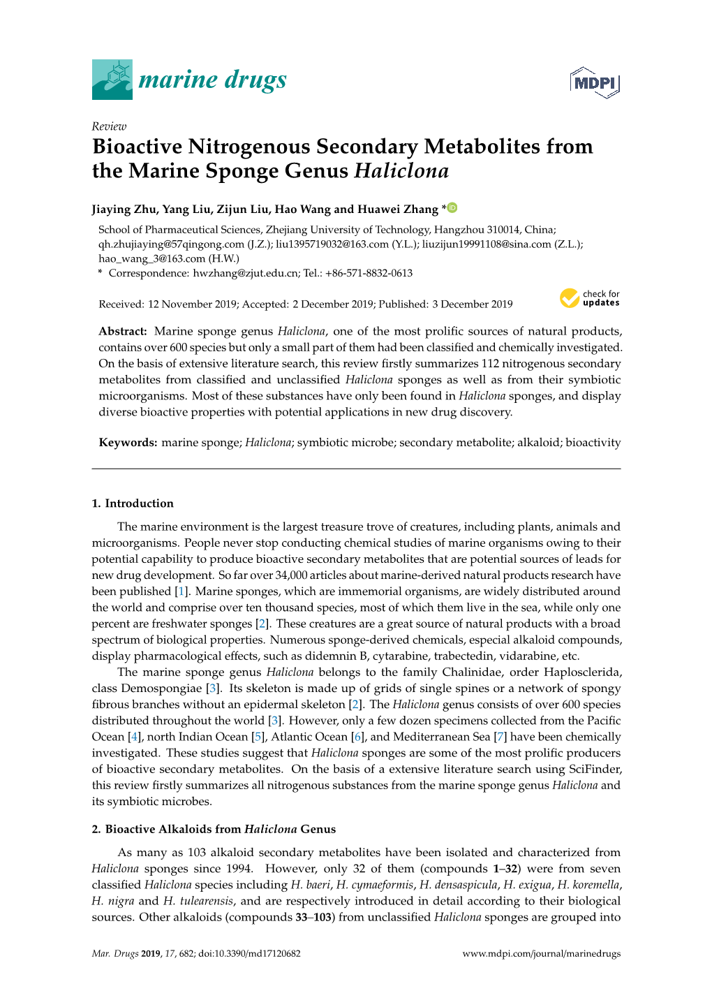 Bioactive Nitrogenous Secondary Metabolites from the Marine Sponge Genus Haliclona