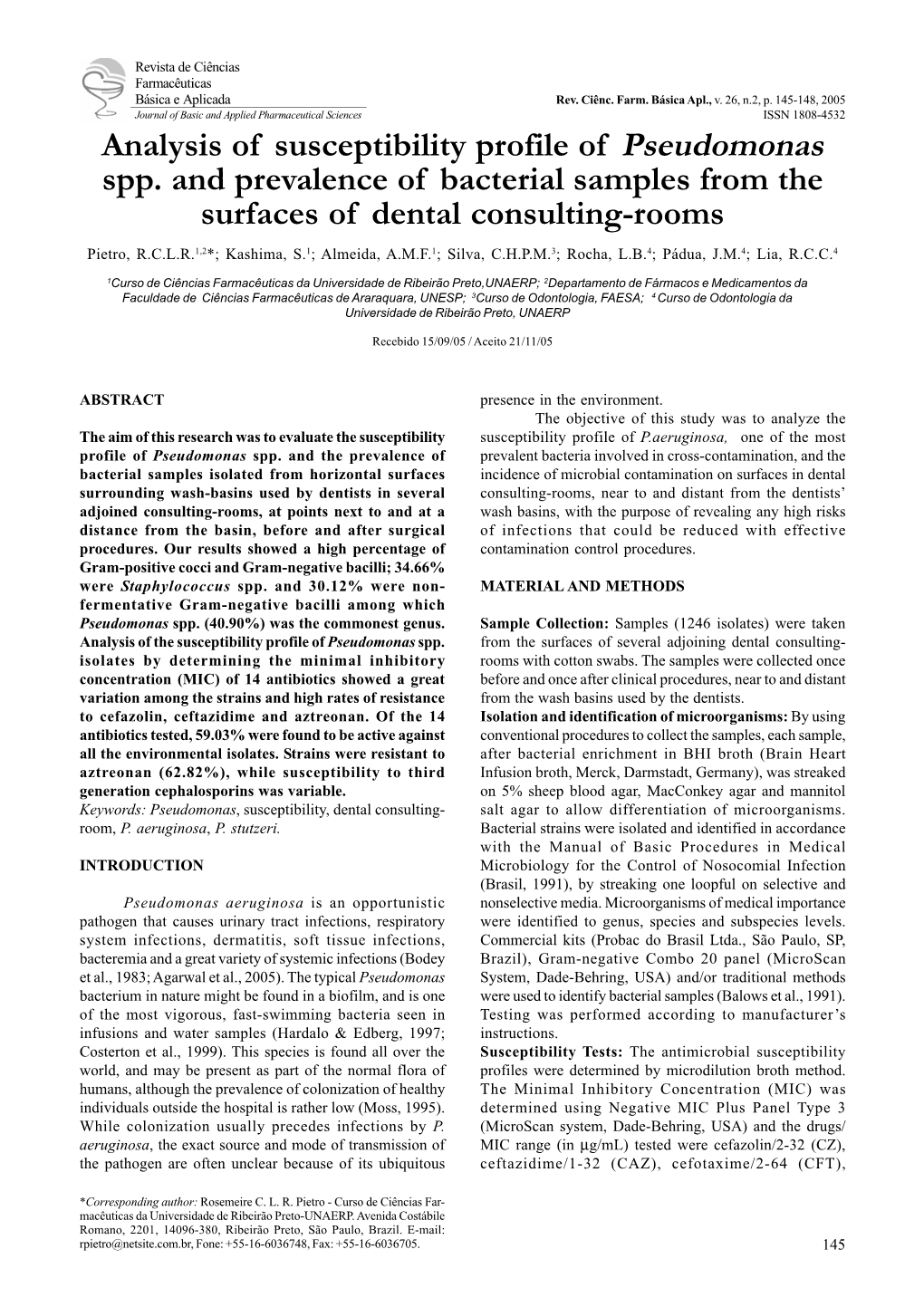 Analysis of Susceptibility Profile of Pseudomonas Spp. and Prevalence