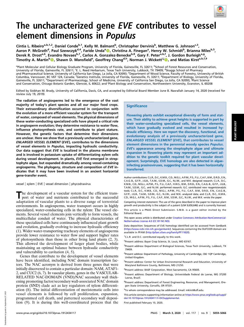 The Uncharacterized Gene EVE Contributes to Vessel Element Dimensions in Populus