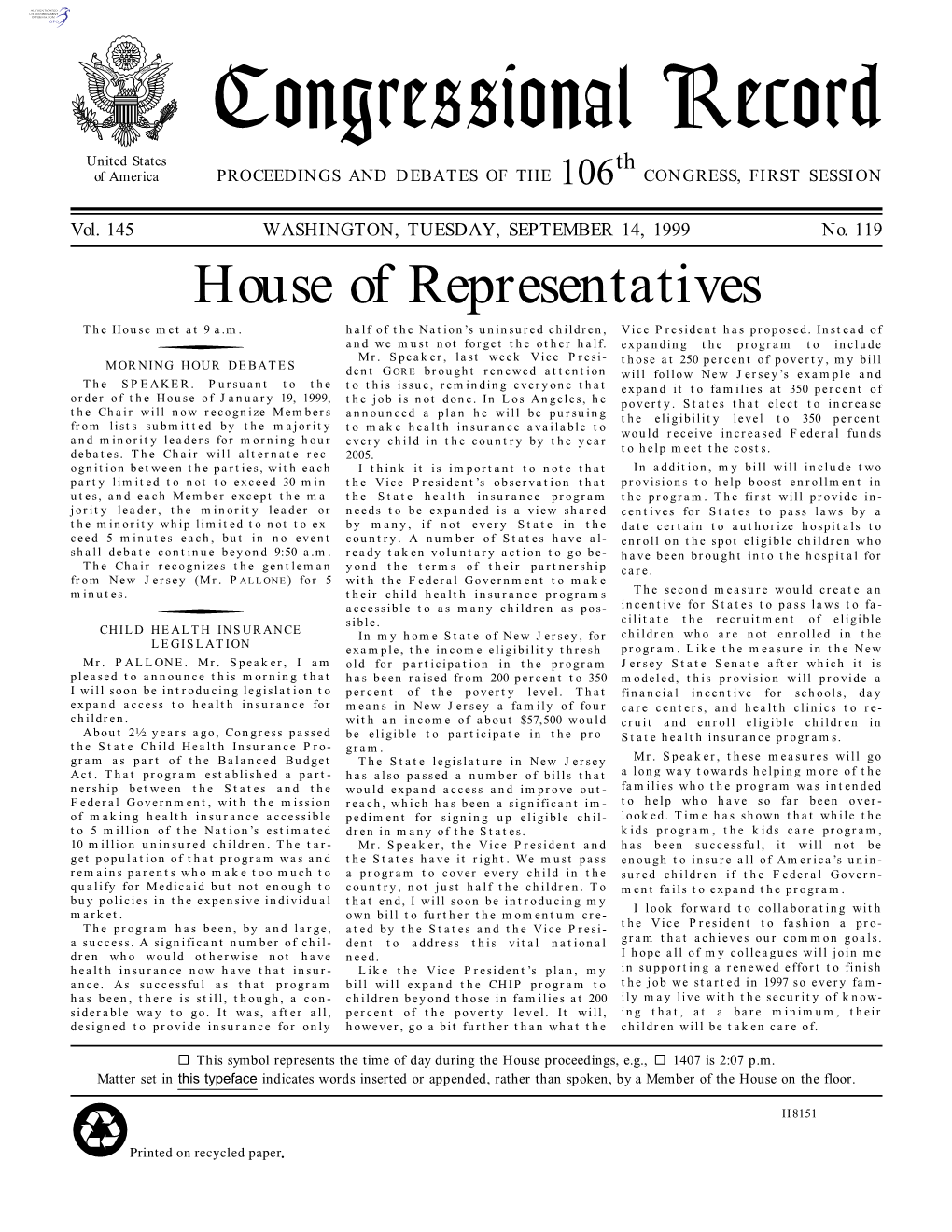 Congressional Record United States Th of America PROCEEDINGS and DEBATES of the 106 CONGRESS, FIRST SESSION