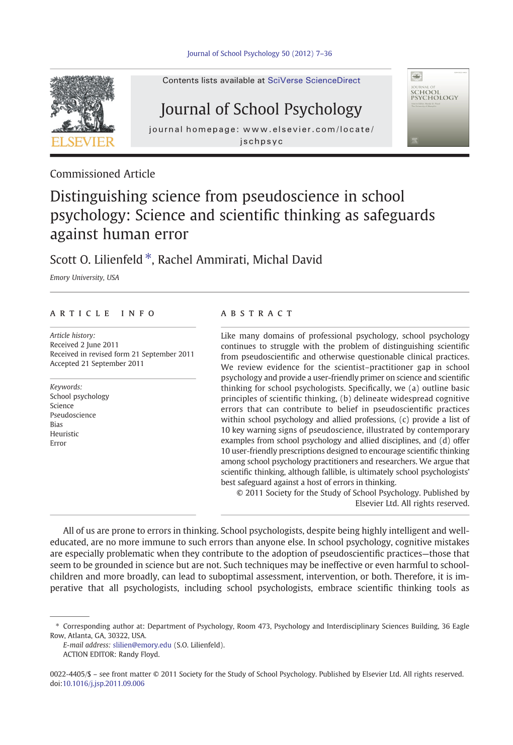 Distinguishing Science from Pseudoscience in School Psychology: Science and Scientiﬁc Thinking As Safeguards Against Human Error