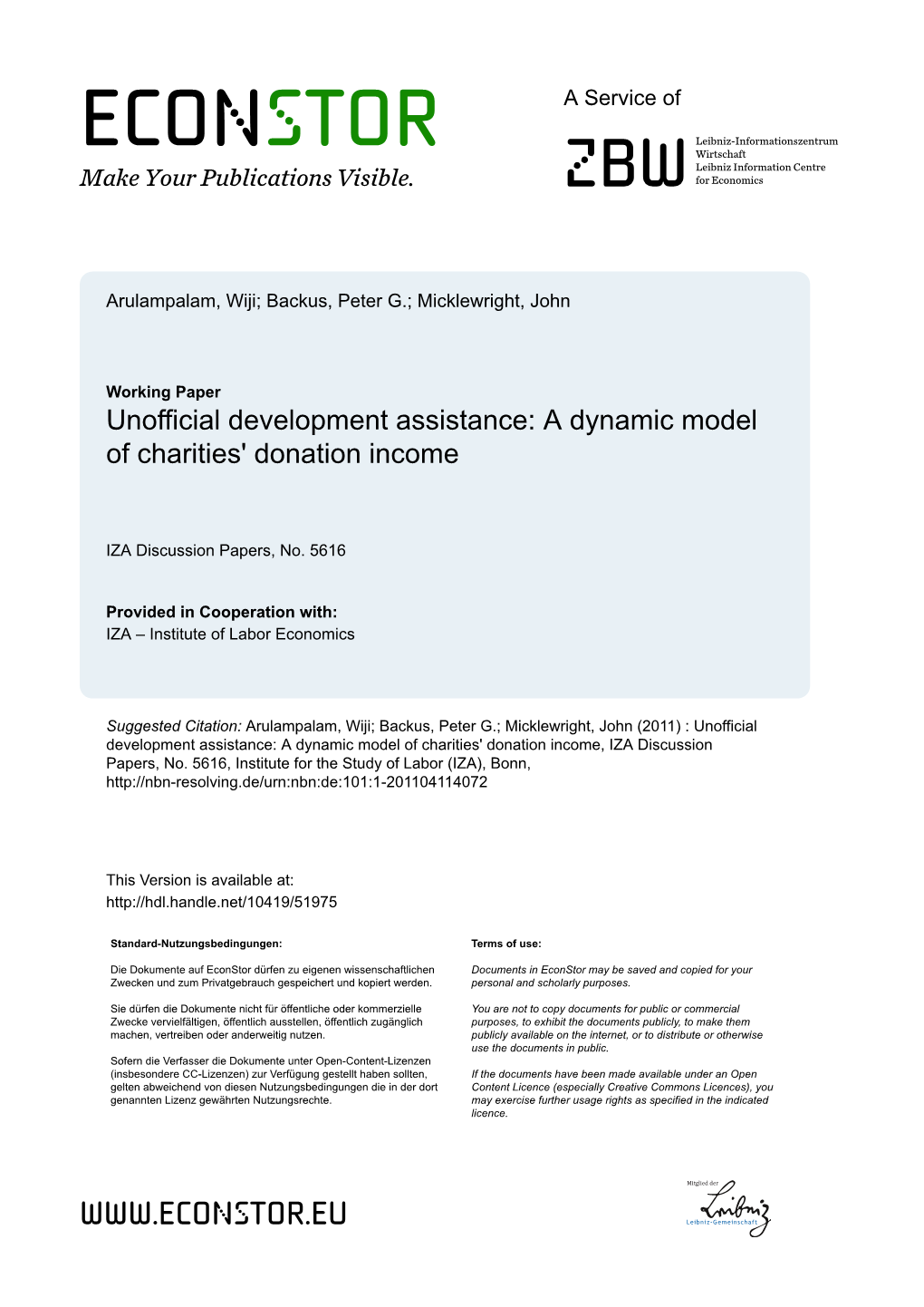 Unofficial Development Assistance: a Dynamic Model of Charities' Donation Income