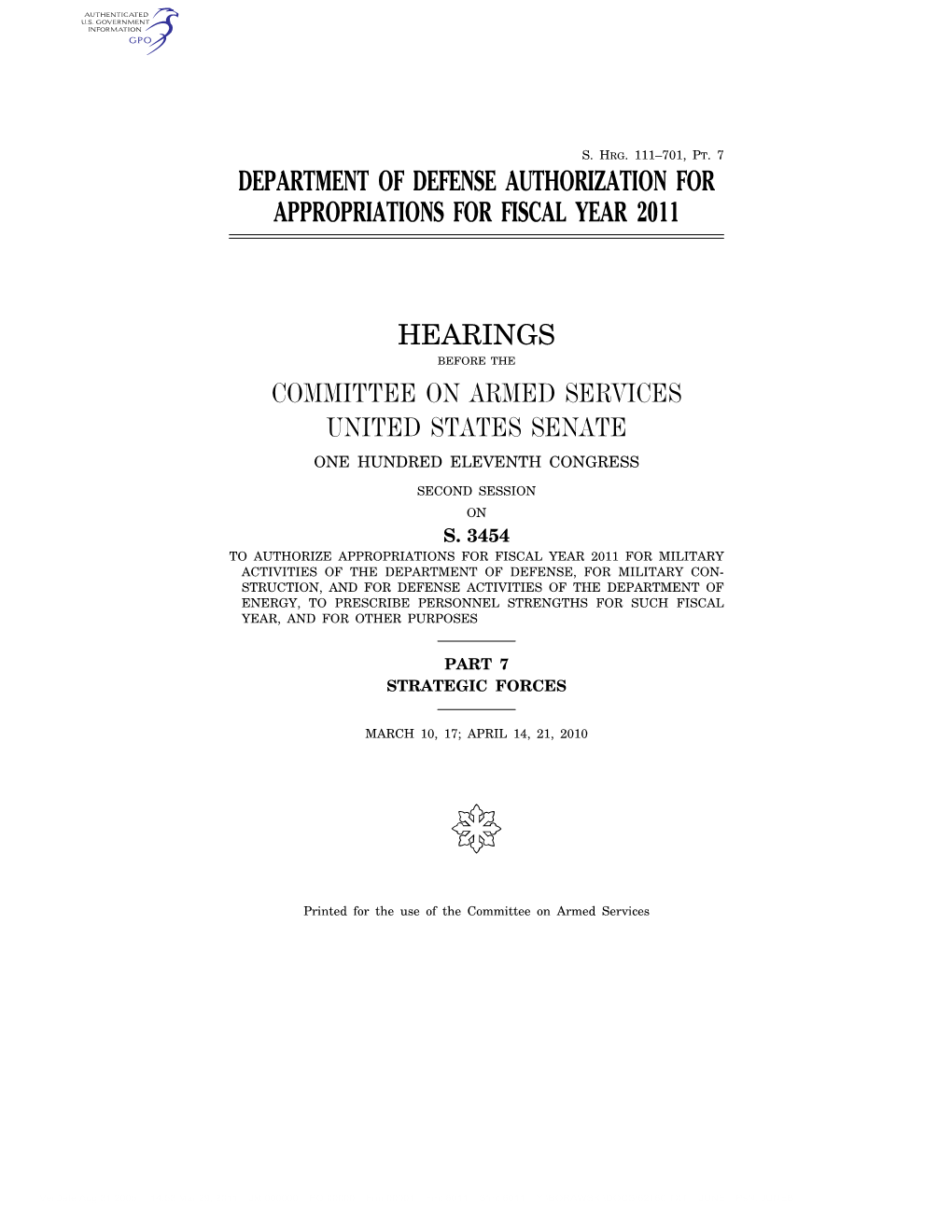 Department of Defense Authorization for Appropriations for Fiscal Year 2011