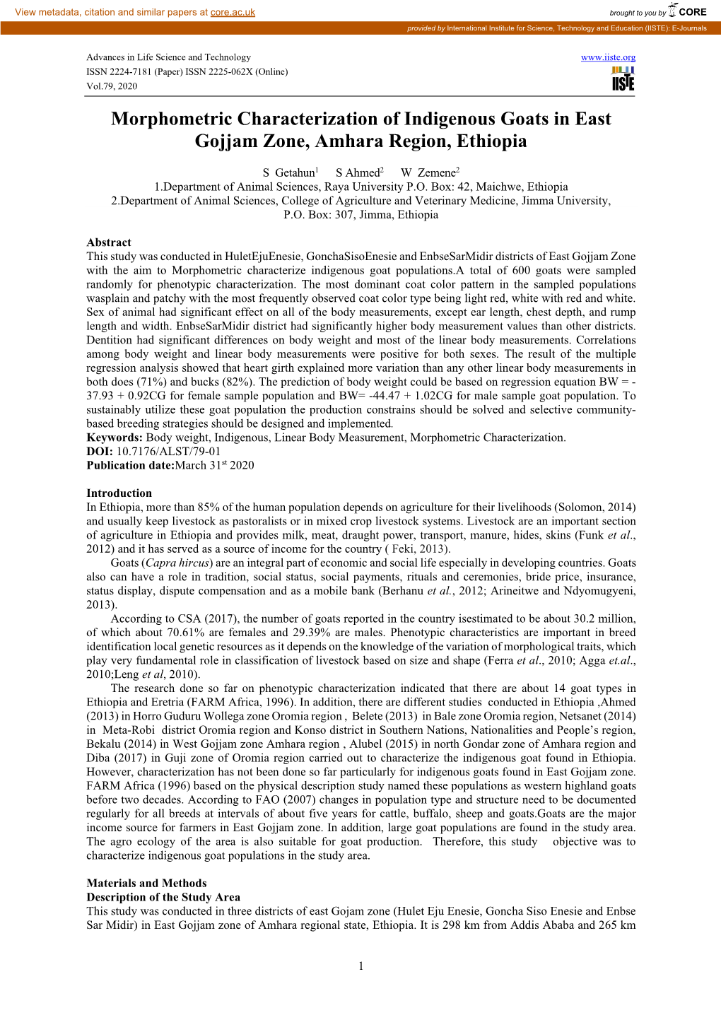 Morphometric Characterization of Indigenous Goats in East Gojjam Zone, Amhara Region, Ethiopia