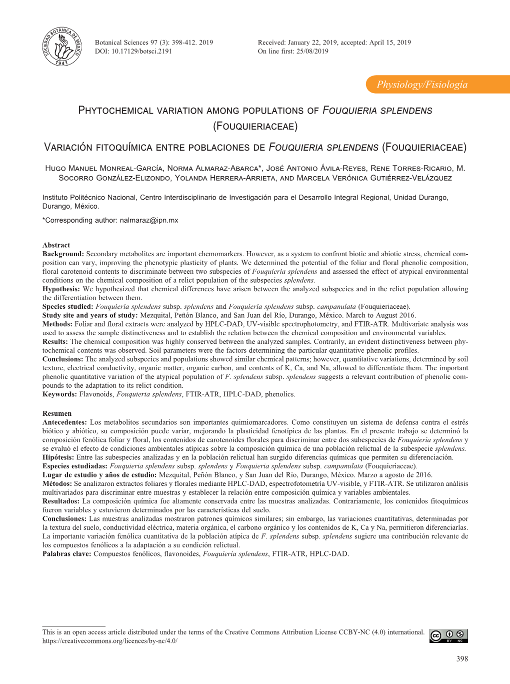 Phytochemical Variation Among Populations of Fouquieria Splendens (Fouquieriaceae) Variación Fitoquímica Entre Poblaciones De Fouquieria Splendens (Fouquieriaceae)