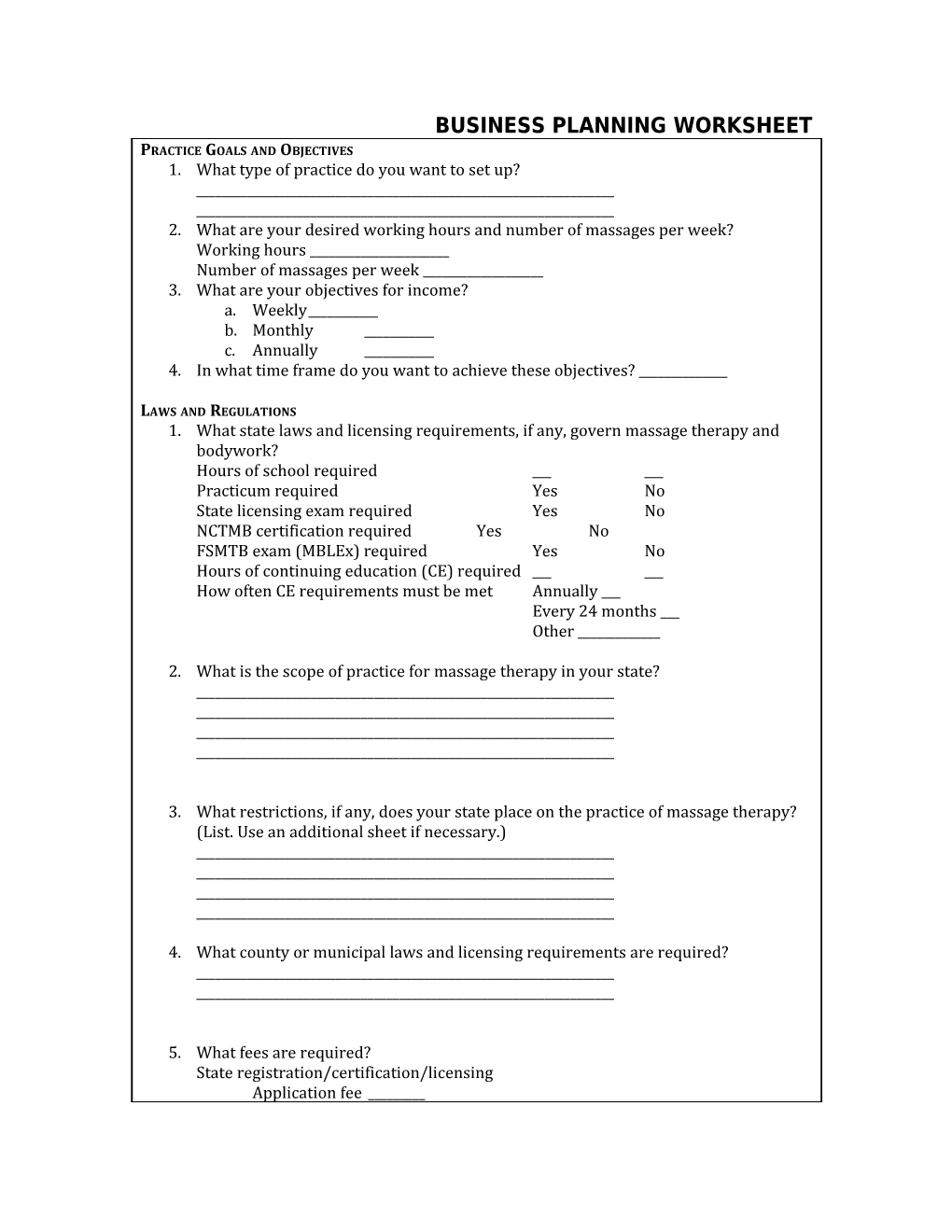 Business Planning Worksheet