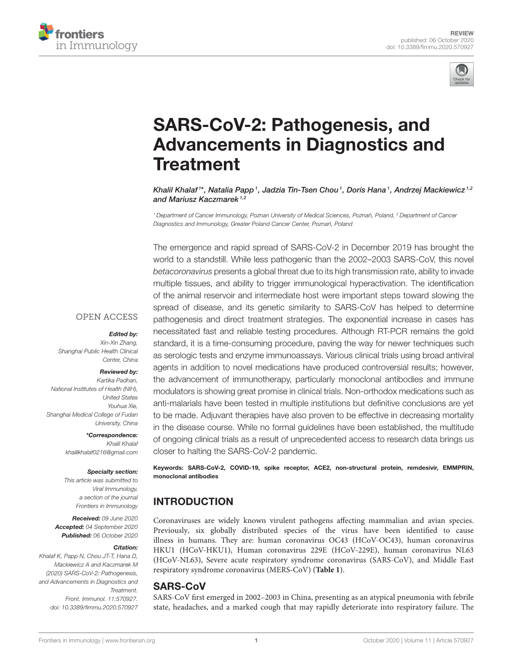 SARS-Cov-2: Pathogenesis, and Advancements in Diagnostics and Treatment