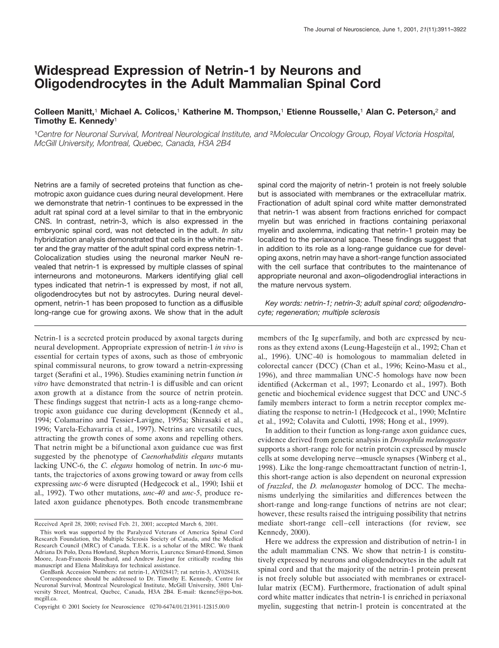 Widespread Expression of Netrin-1 by Neurons and Oligodendrocytes in the Adult Mammalian Spinal Cord