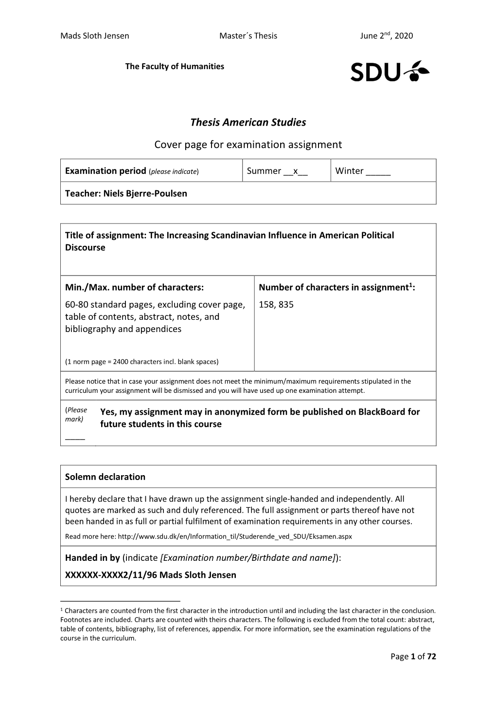 Thesis American Studies Cover Page for Examination Assignment