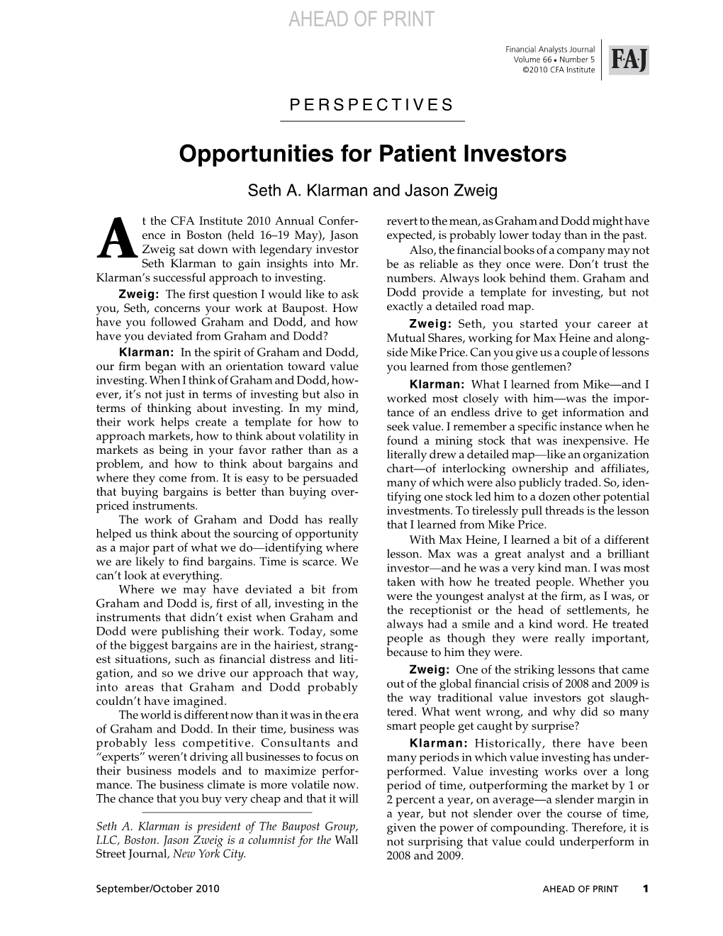 Opportunities for Patient Investors Door Seth Klarman