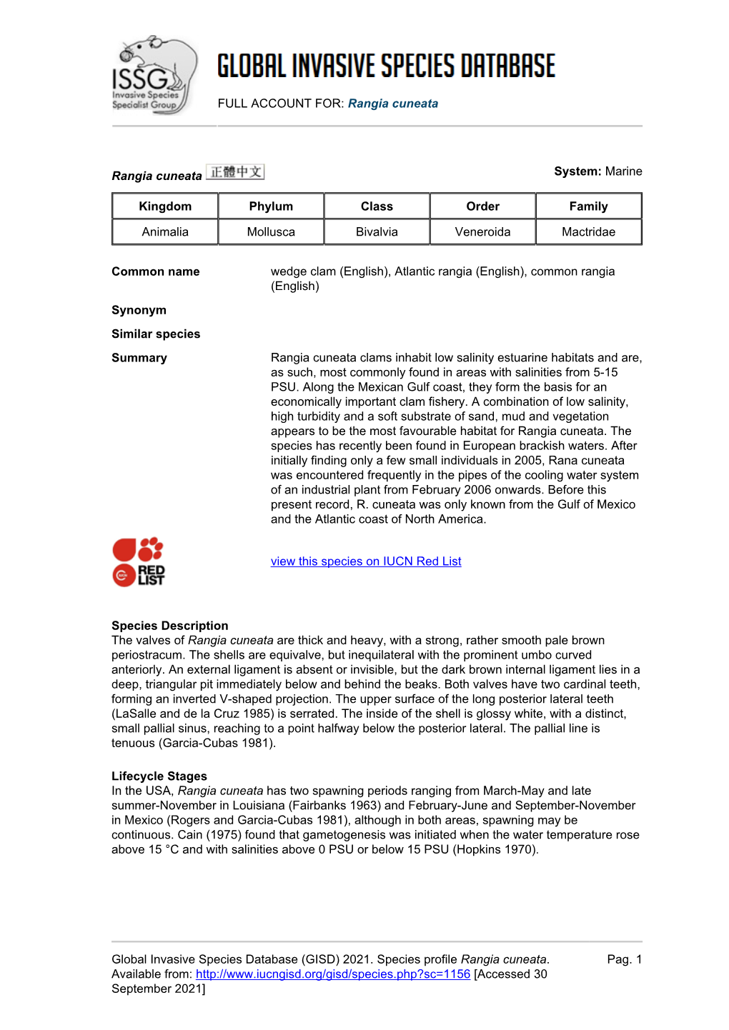 Rangia Cuneata Global Invasive Species Database (GISD)