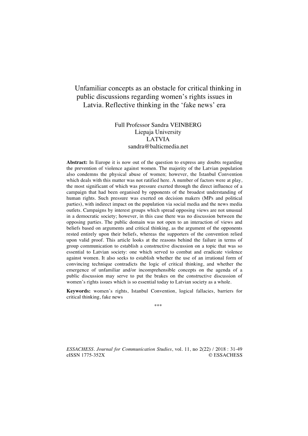 Unfamiliar Concepts As an Obstacle for Critical Thinking in Public Discussions Regarding Women’S Rights Issues in Latvia