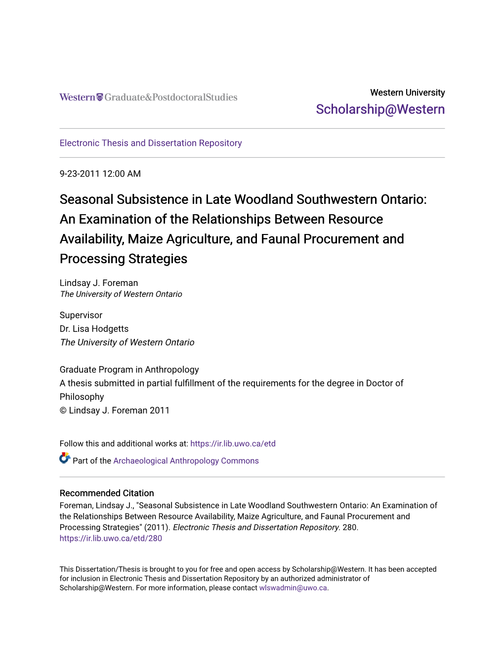 Seasonal Subsistence in Late Woodland Southwestern Ontario