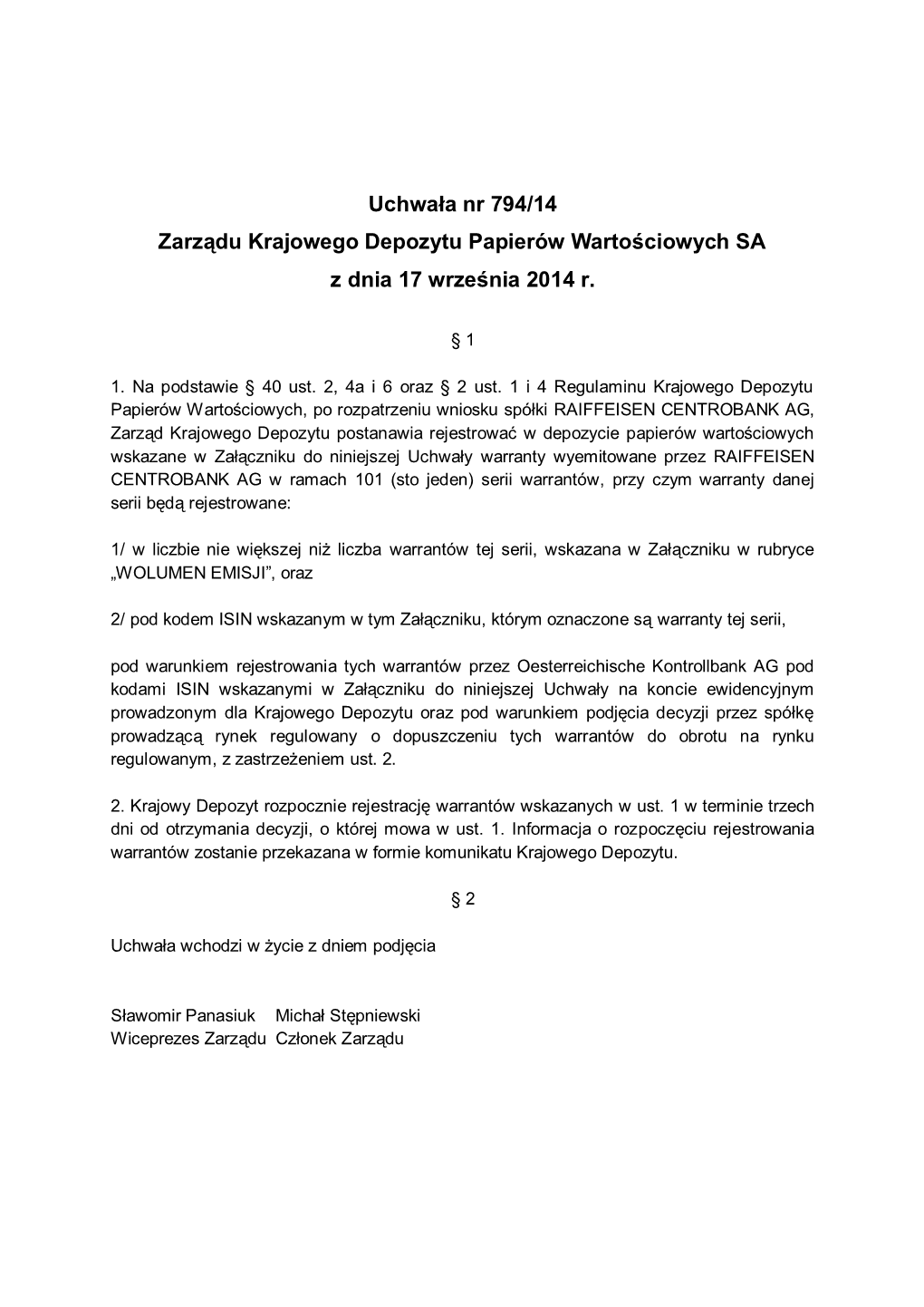 Uchwała Nr 794/14 Zarządu Krajowego Depozytu Papierów Wartościowych SA Z Dnia 17 Września 2014 R