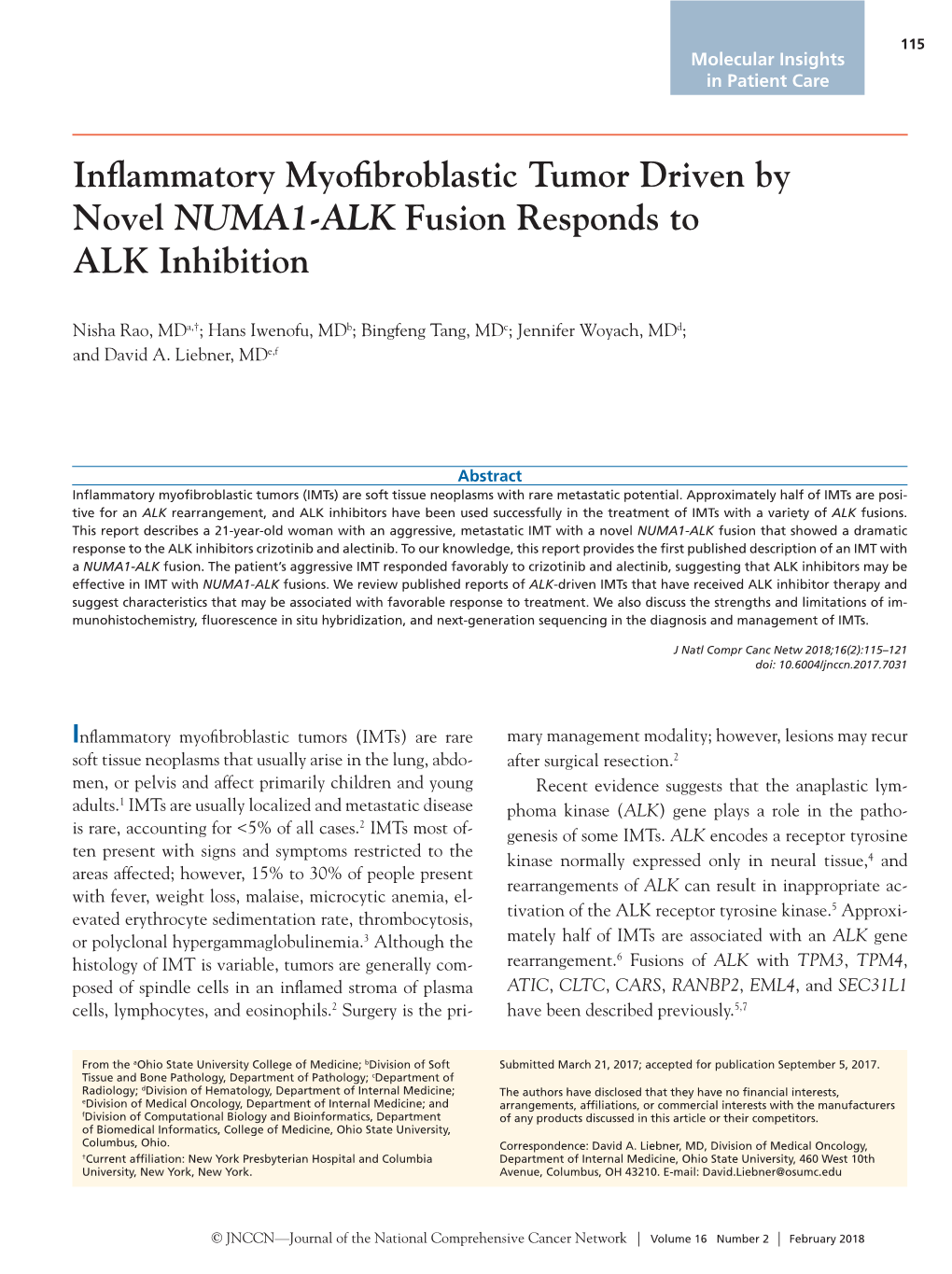 Inflammatory Myofibroblastic Tumor Driven by Novel NUMA1-ALK Fusion Responds to ALK Inhibition