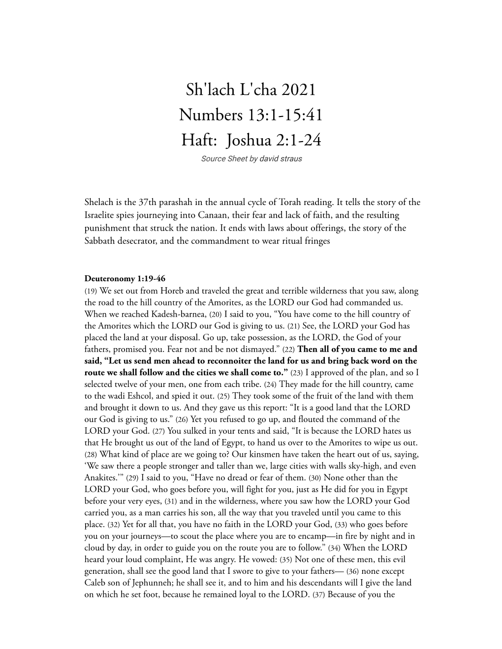 Sh'lach L'cha 2021 Numbers 13:1-15:41 Haft: Joshua 2:1-24