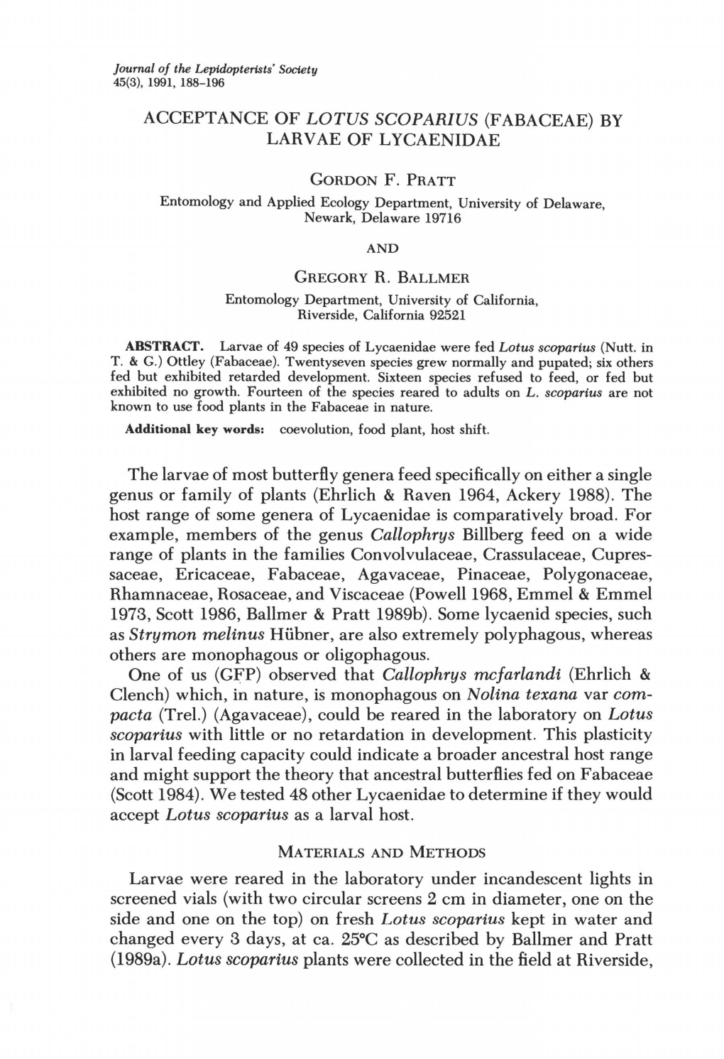 Acceptance of Lotus Scoparius (Fabaceae) by Larvae of Lycaenidae