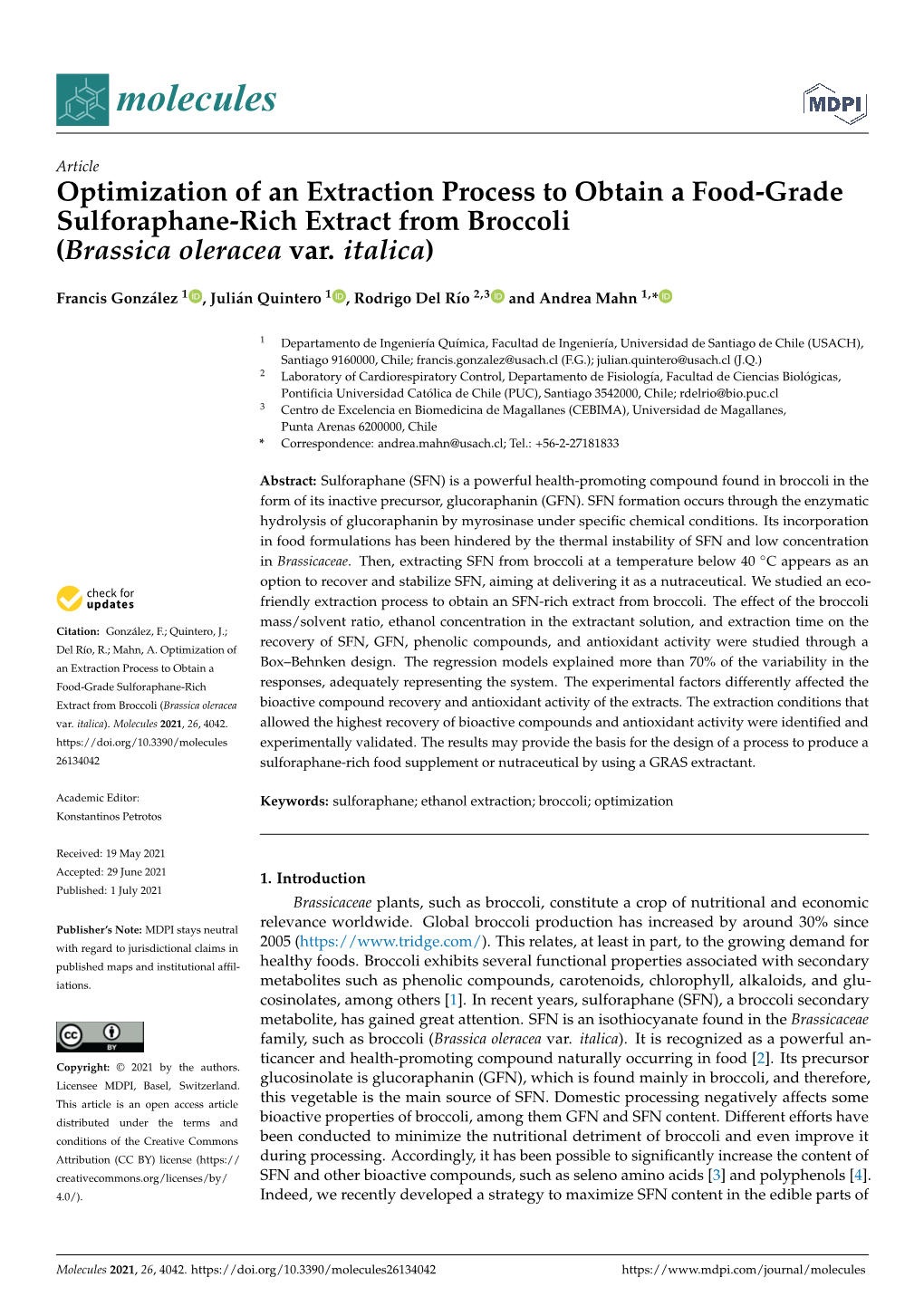 Optimization of an Extraction Process to Obtain a Food-Grade Sulforaphane-Rich Extract from Broccoli (Brassica Oleracea Var