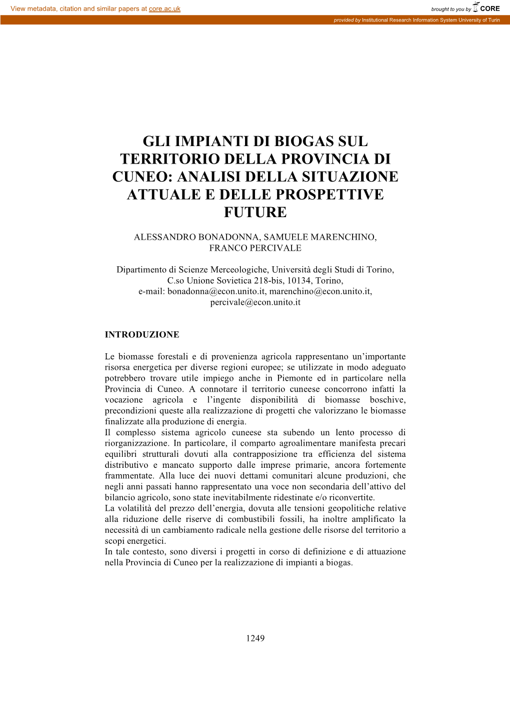 Gli Impianti Di Biogas Sul Territorio Della Provincia Di Cuneo: Analisi Della Situazione Attuale E Delle Prospettive Future