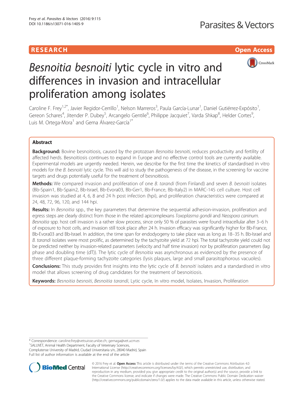 Besnoitia Besnoiti Lytic Cycle in Vitro and Differences in Invasion and Intracellular Proliferation Among Isolates Caroline F