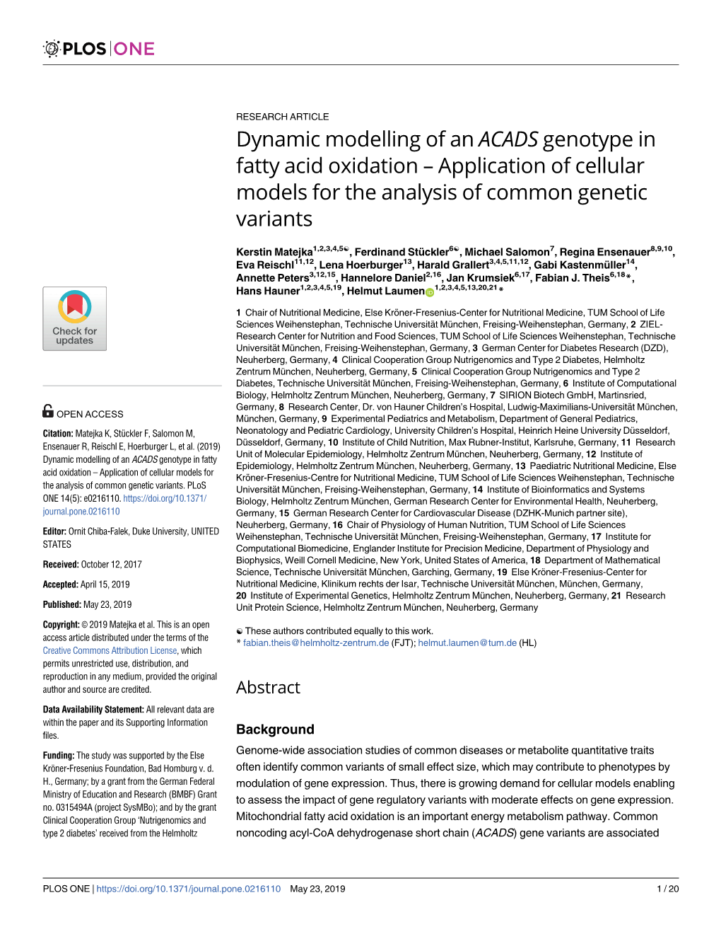 Dynamic Modelling of an ACADS Genotype in Fatty Acid Oxidation – Application of Cellular Models for the Analysis of Common Genetic Variants