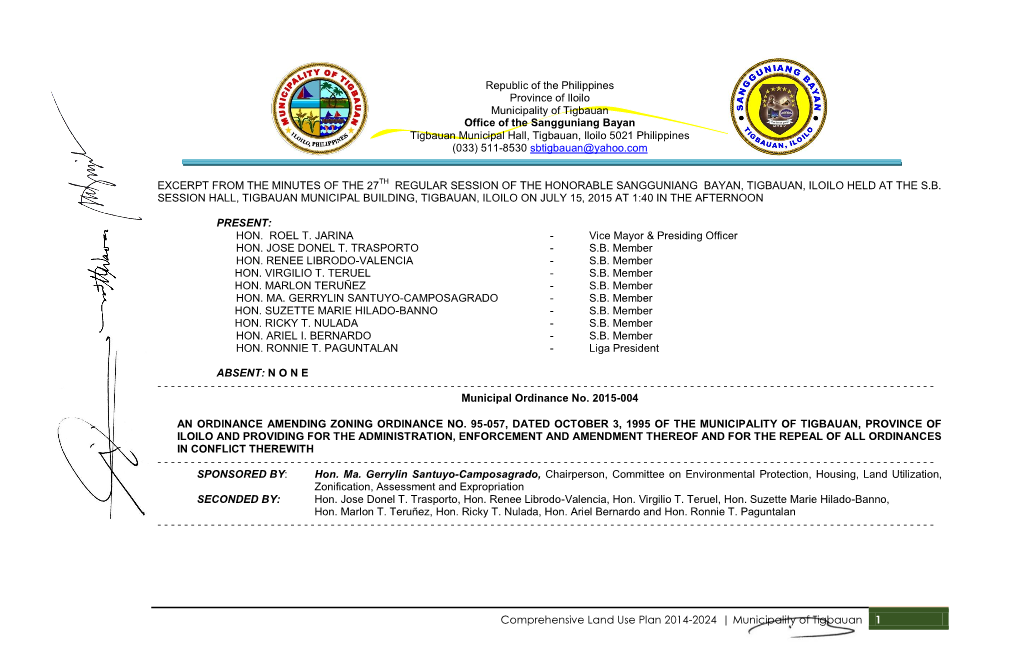 Comprehensive Land Use Plan 2014-2024 | Municipality of Tigbauan 1 Republic of the Philippines Province of Iloilo Municipality