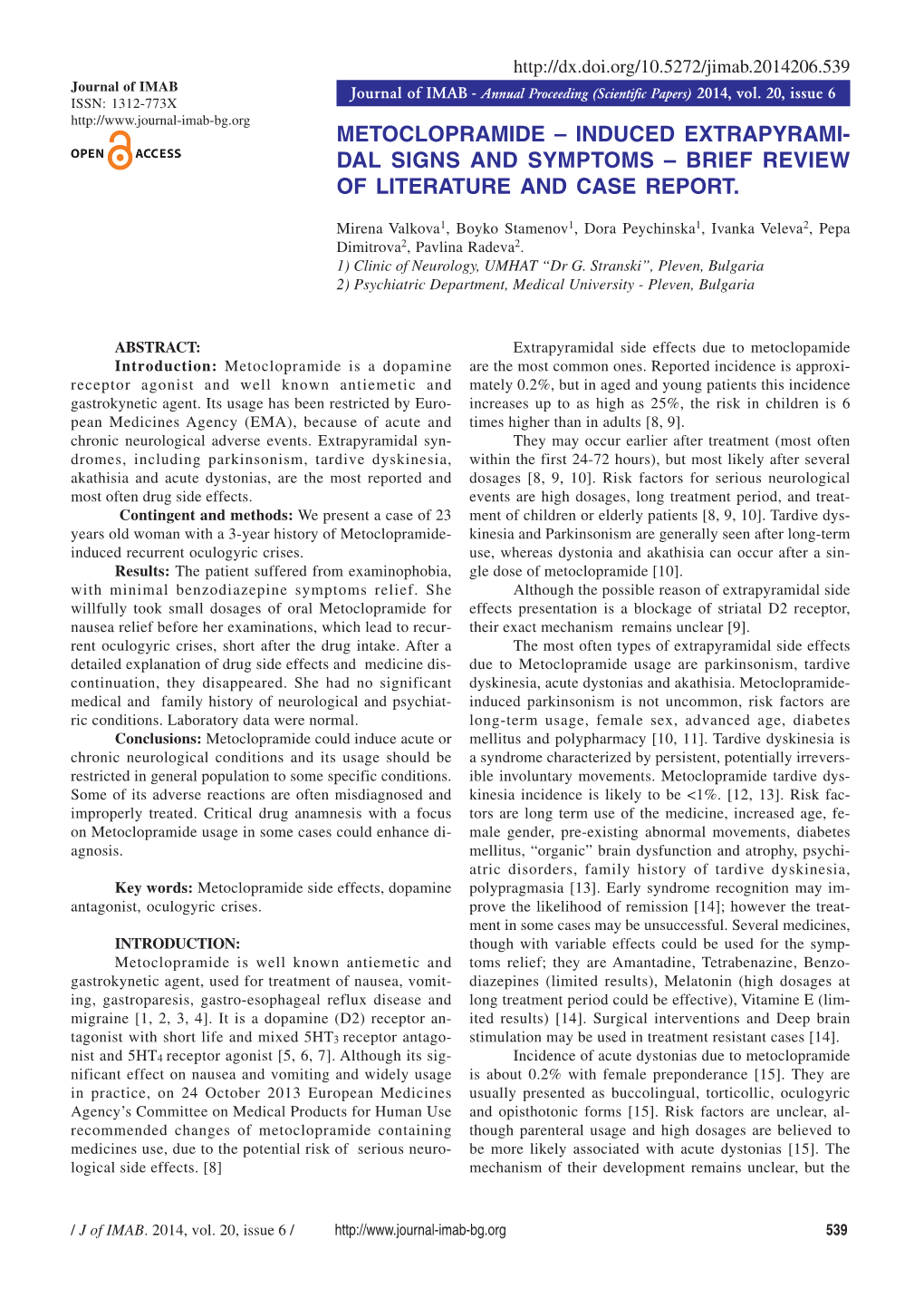 Metoclopramide – Induced Extrapyrami- Dal Signs and Symptoms – Brief Review of Literature and Case Report