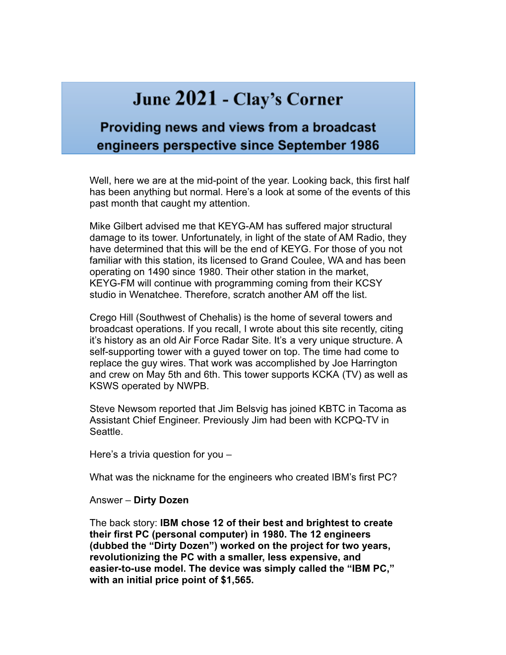 Clay's Corner for June 2021