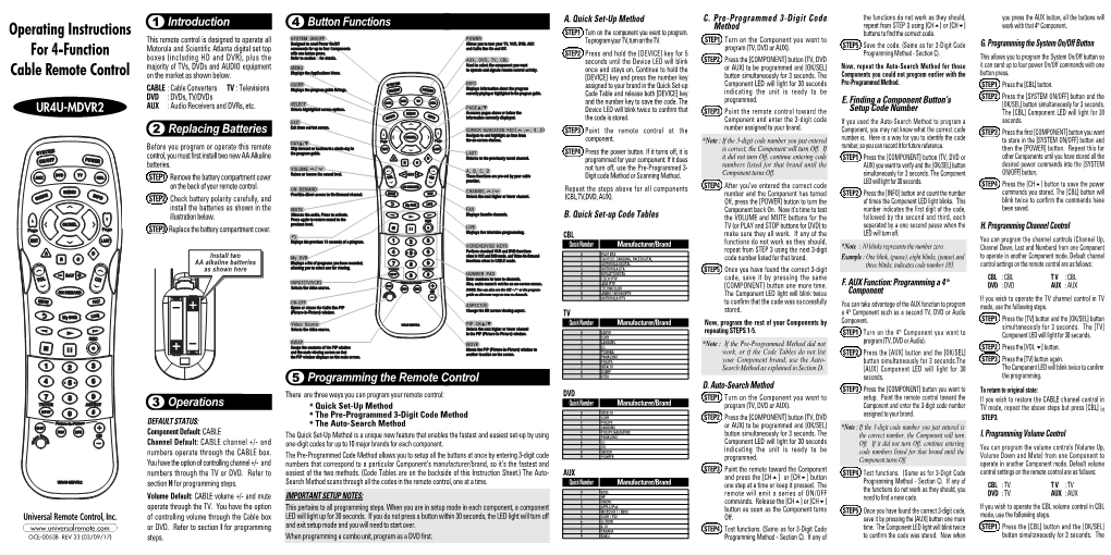 Operating Instructions for 4-Function Cable Remote Control